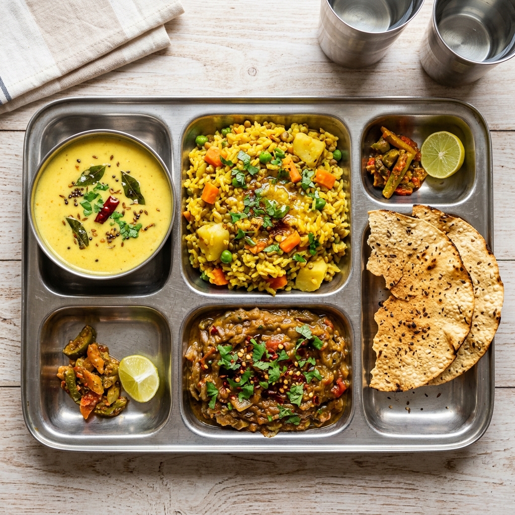 Steel tray with vegetable khichdi, kadhi, baingan bharta, and roasted papad