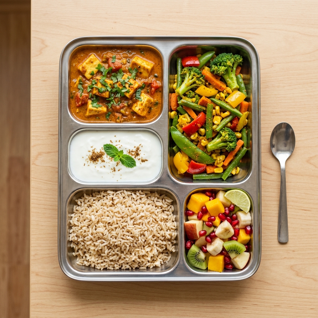 Steel tray with paneer masala, brown rice, stir-fry veg, curd, and fruit bowl