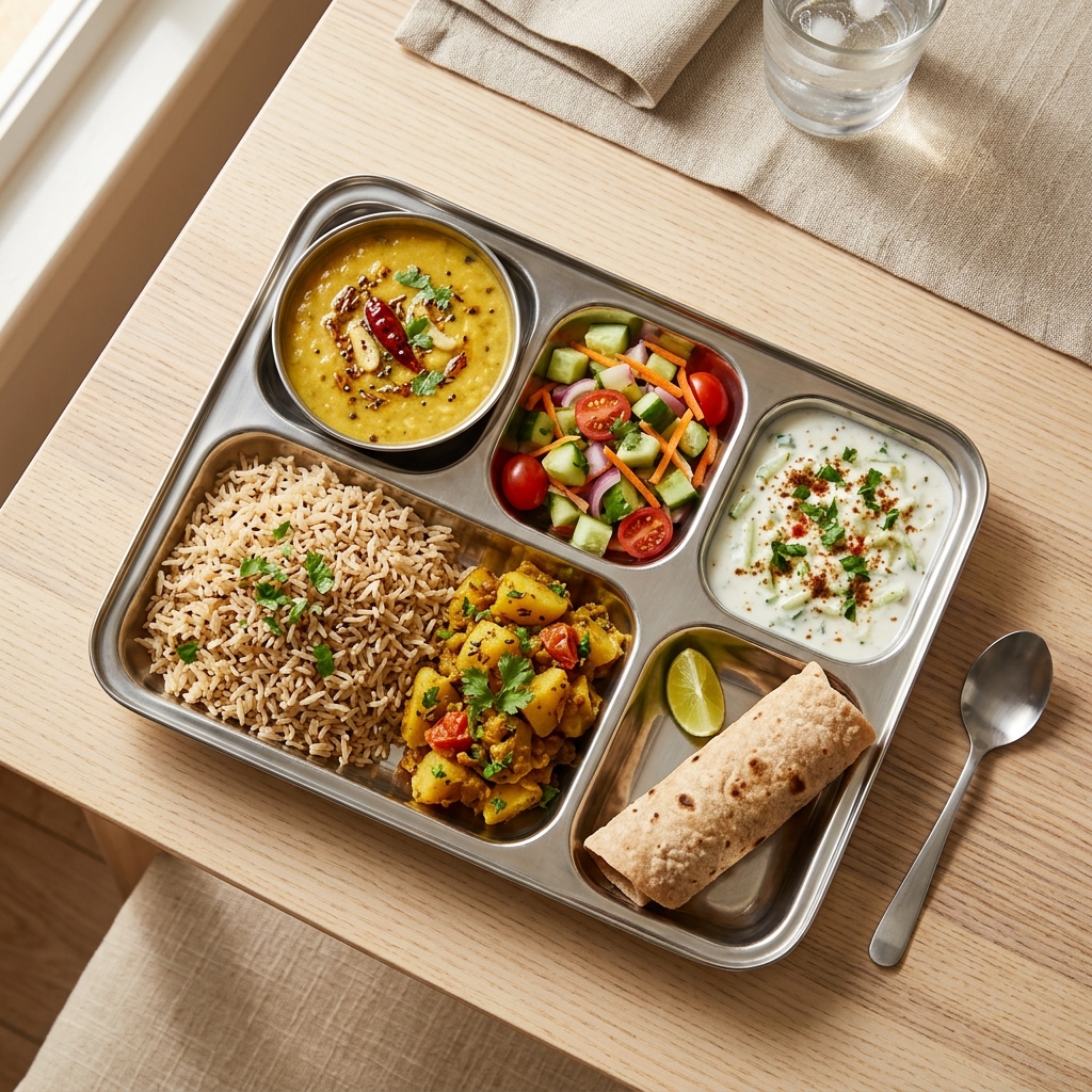 Steel tray with dal tadka, jeera rice, aloo sabzi, salad, and raita