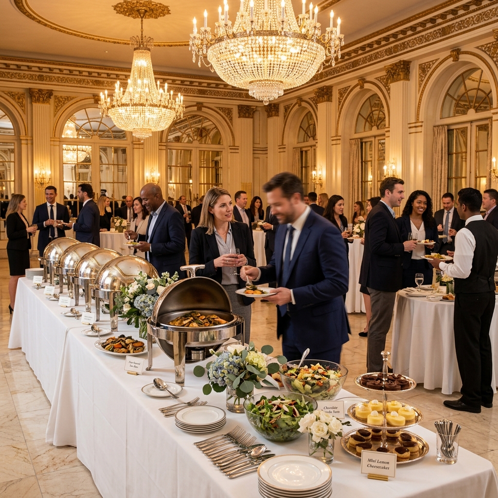 Guests being served at a conference catering spread