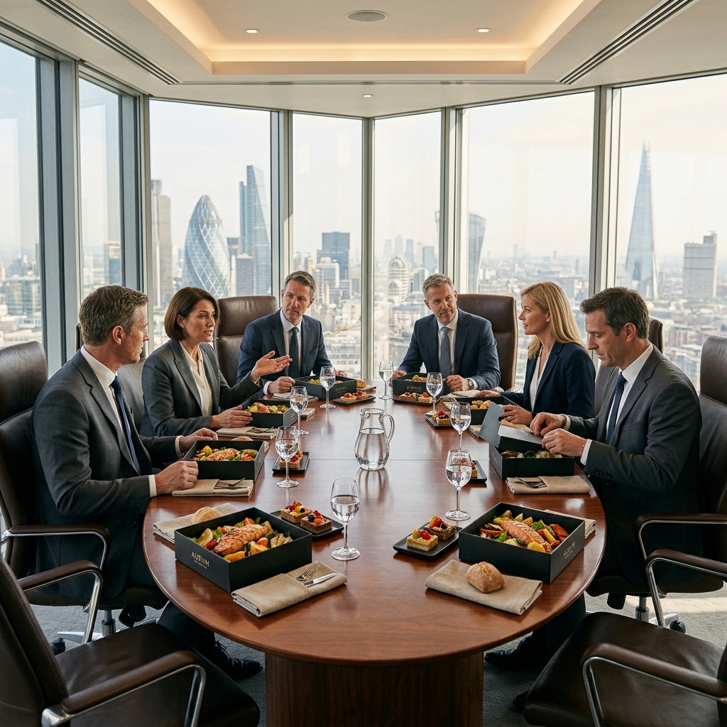 Colleagues sharing boxed lunches at a boardroom table