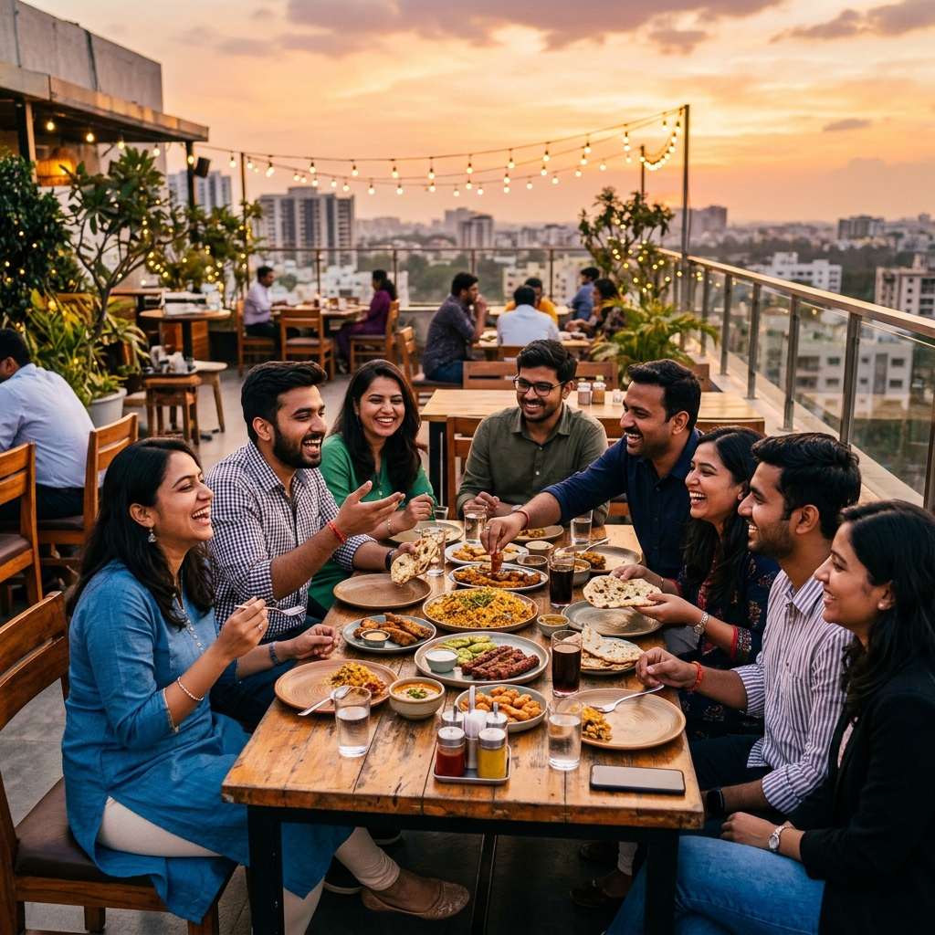 A team sharing a meal together on a rooftop