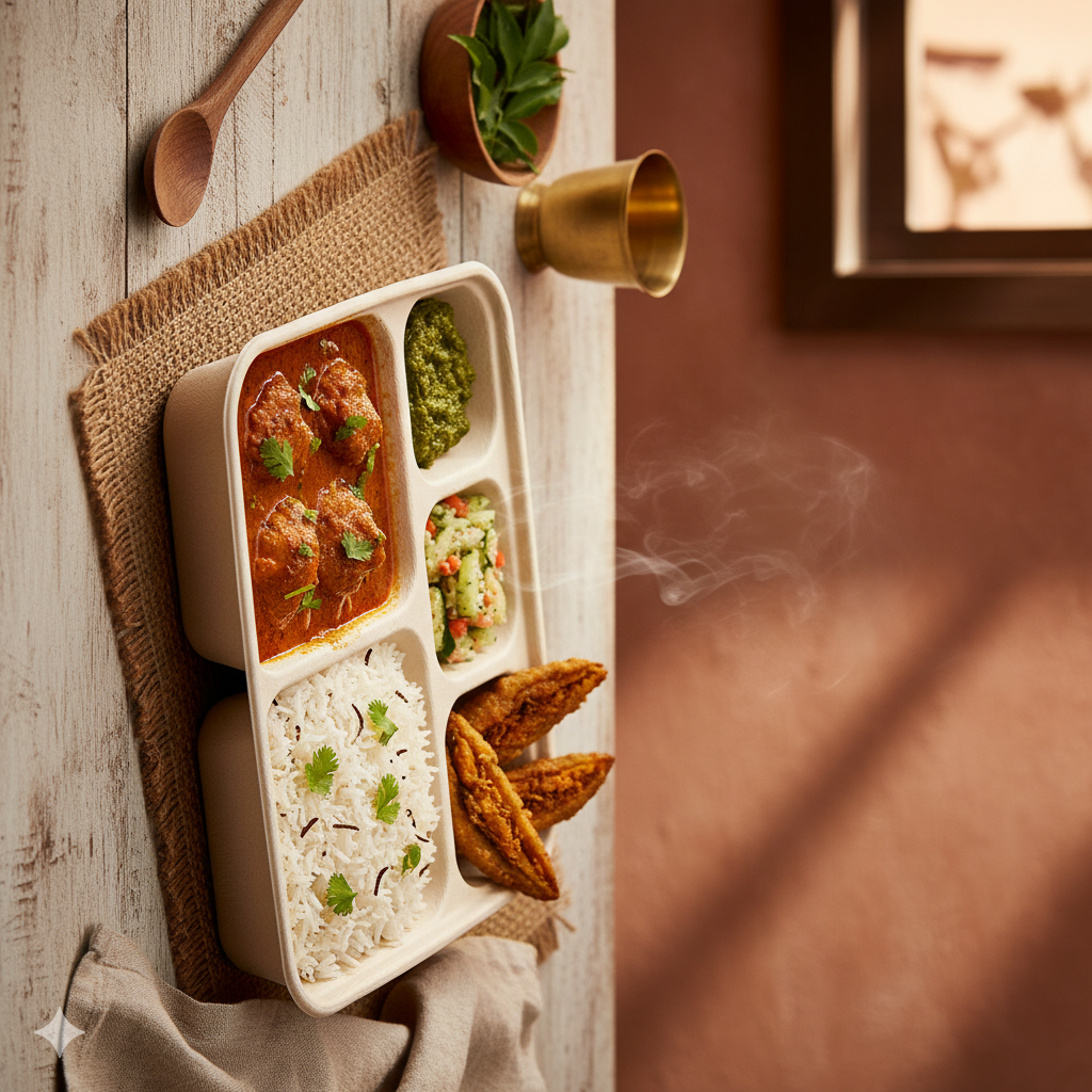Steaming Indian thali meal box with curry, rice, and kebabs