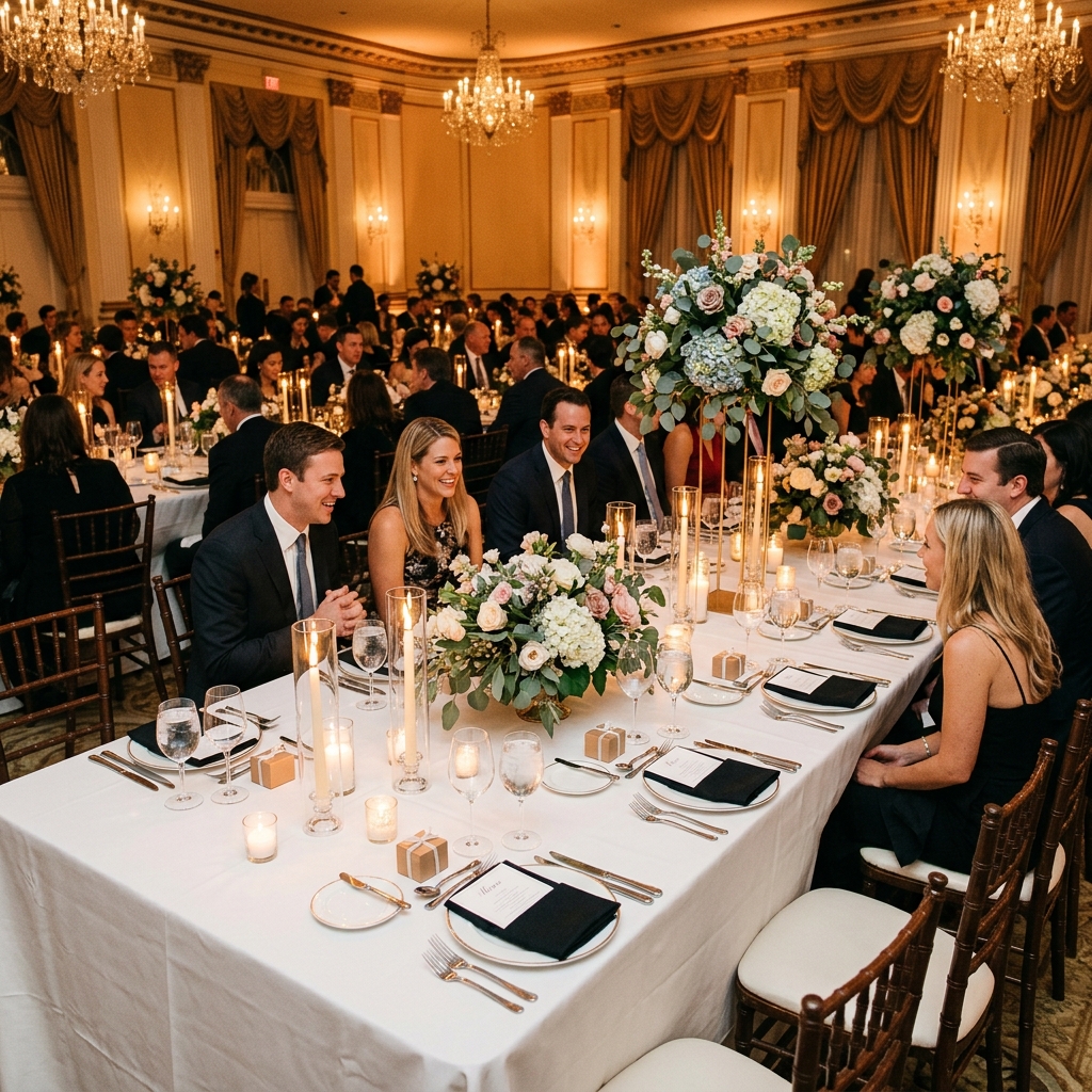 Elegant wedding reception dinner table with candles and florals