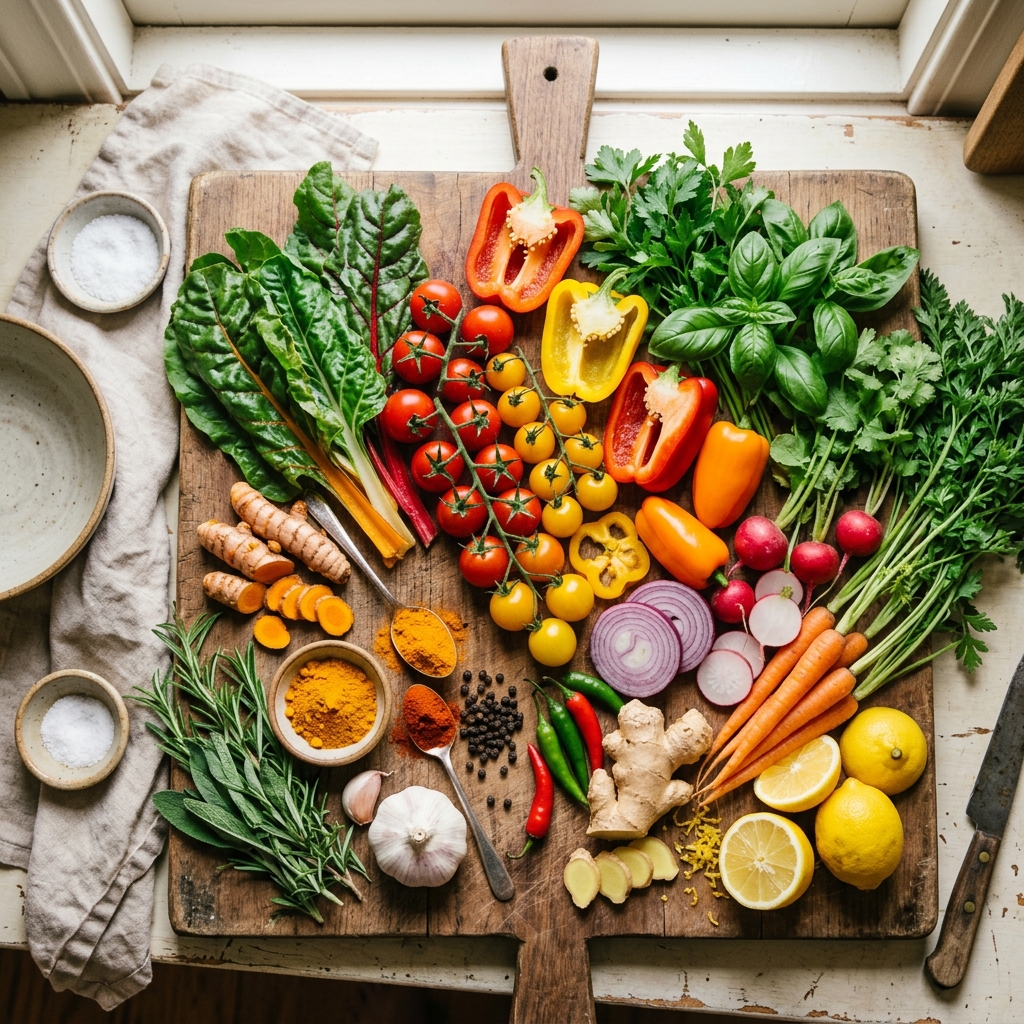 Fresh vegetables and herbs laid out on a wooden board