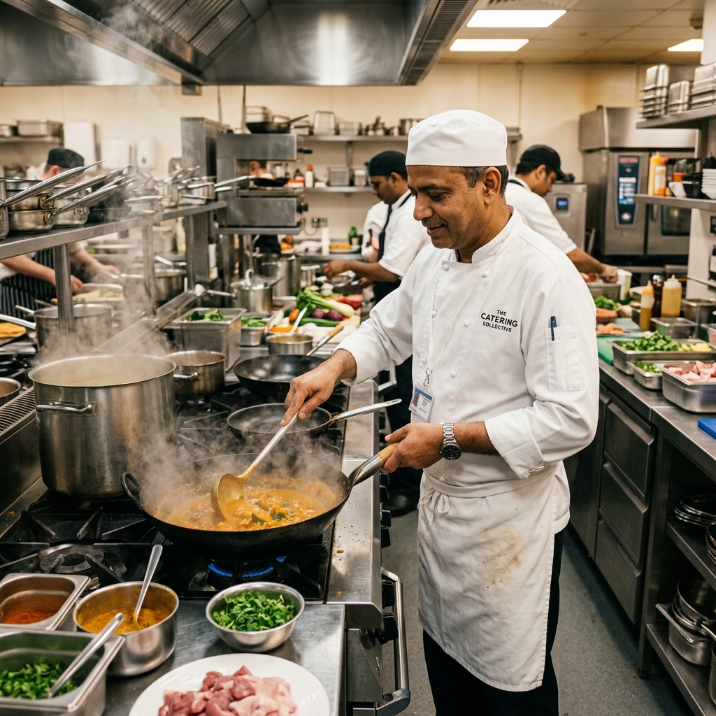 Chef preparing a curry in a commercial kitchen