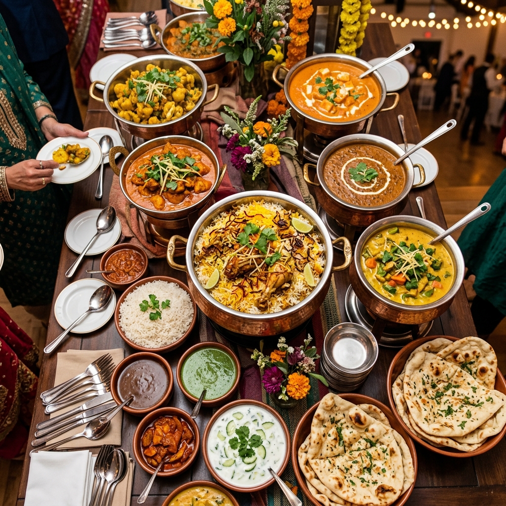 Traditional Indian buffet spread with curries and naan