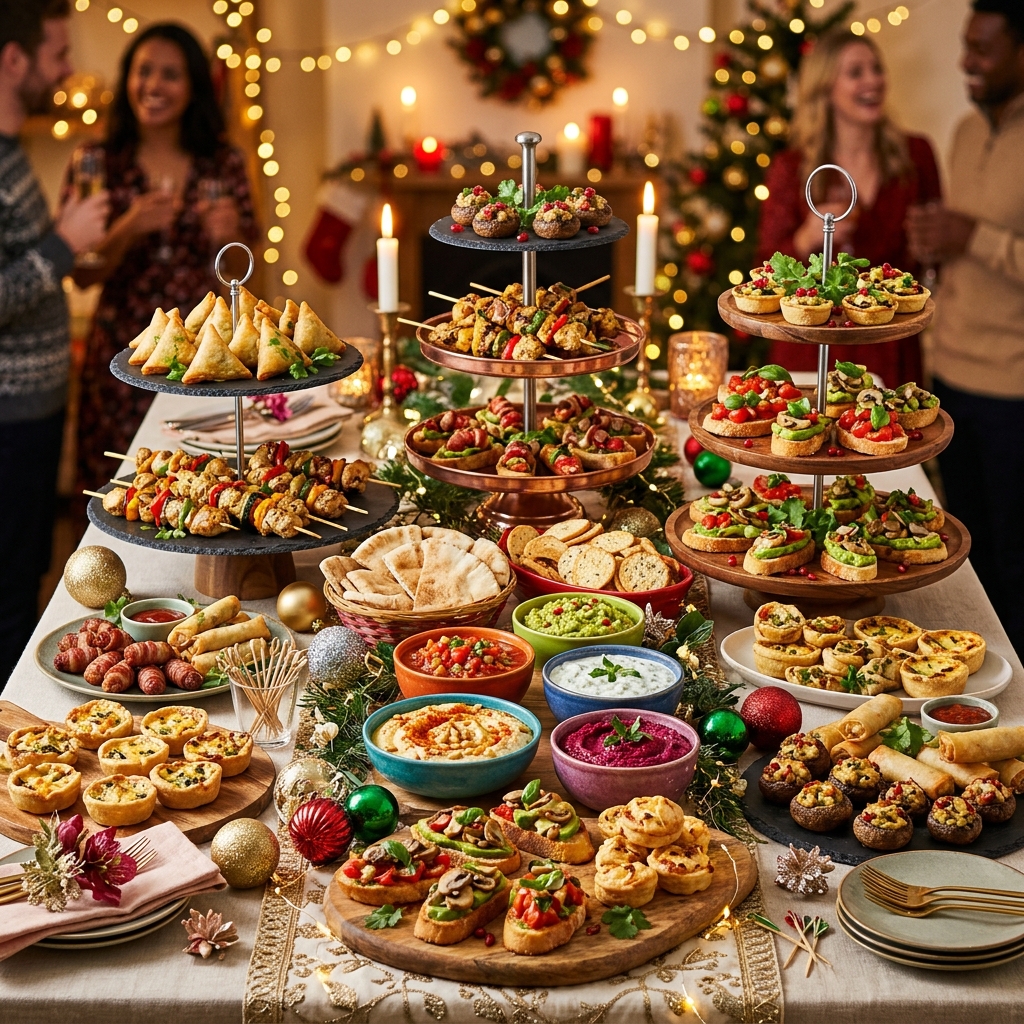 Festive appetizer spread with tiered serving stands