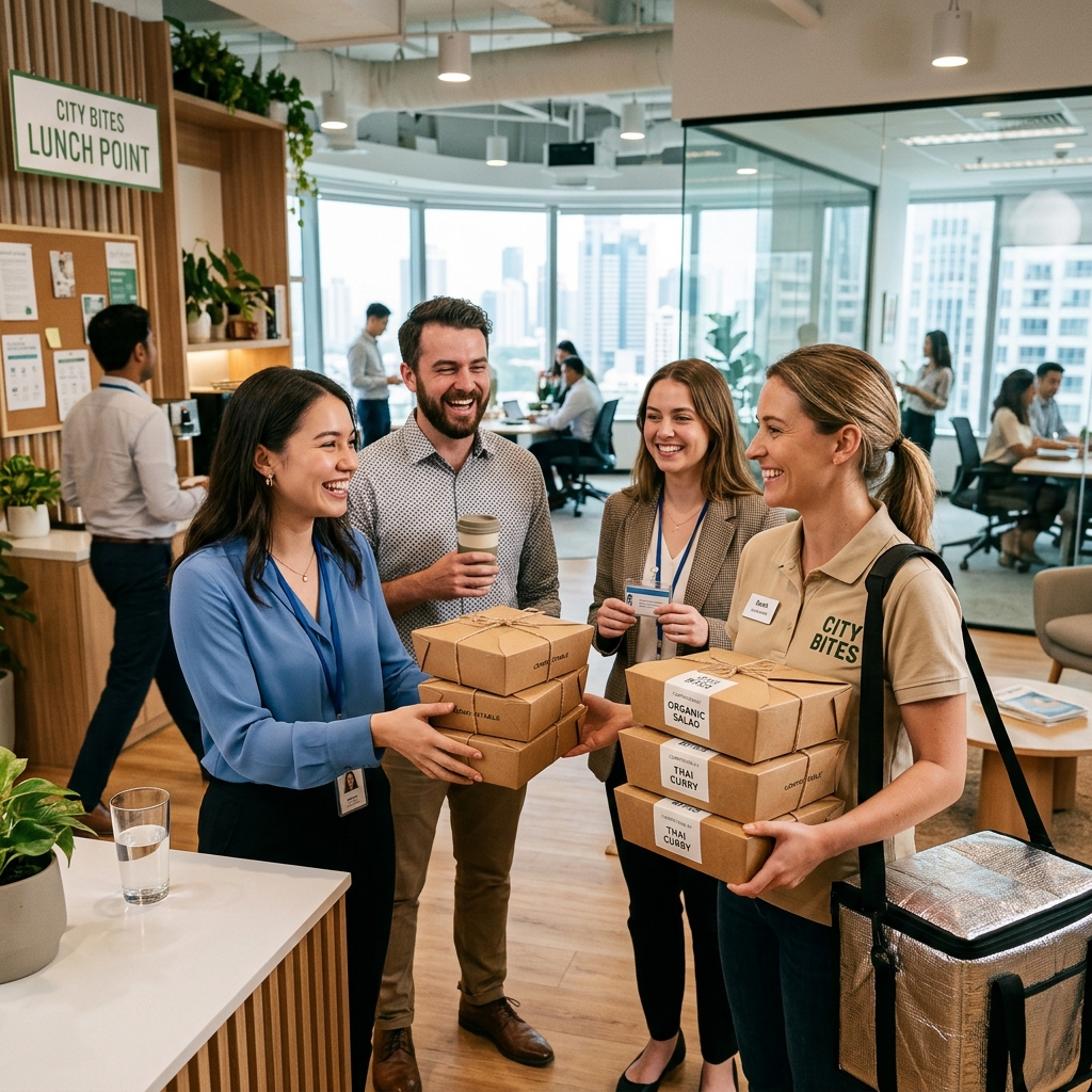 Office team receiving catered lunch boxes