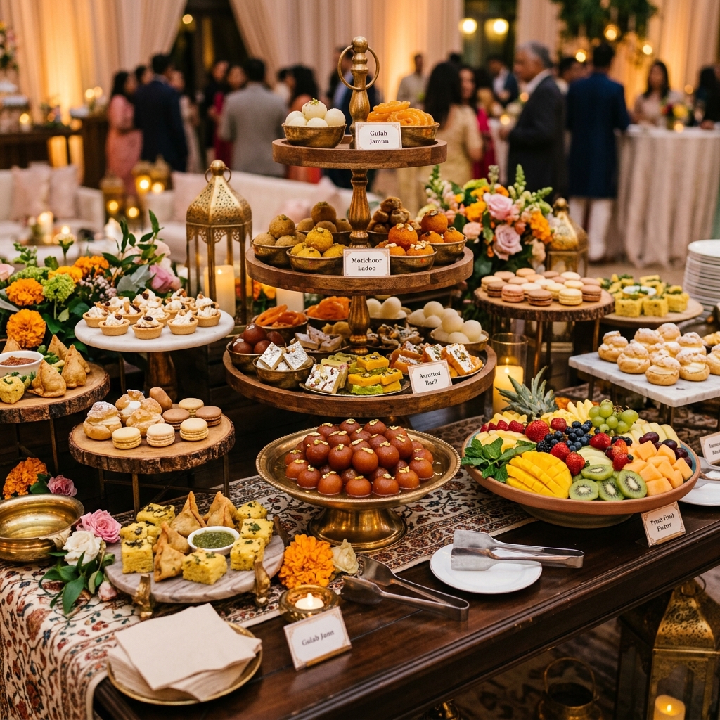 Assorted desserts and Indian sweets on a dessert table